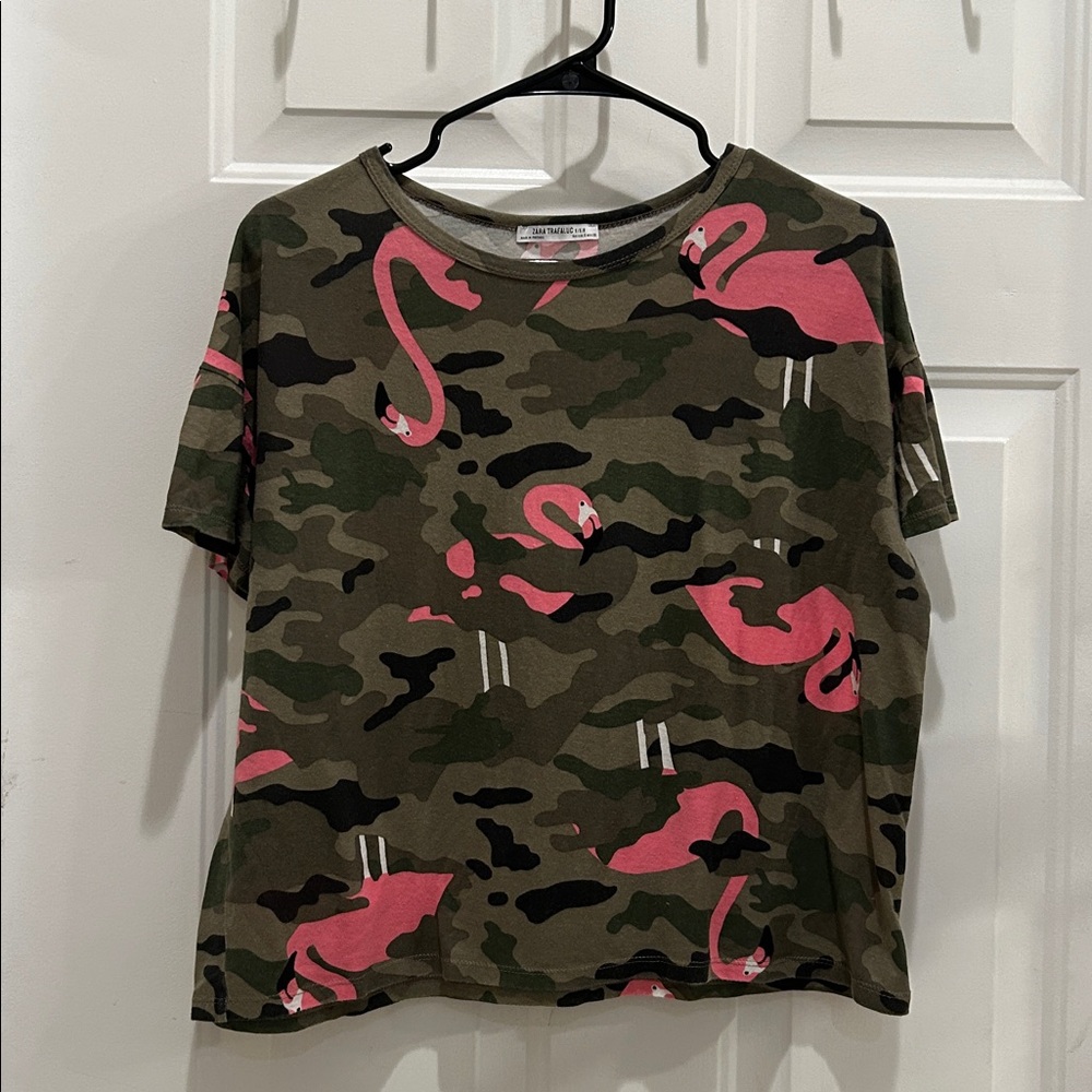Zara Camo Flamingo T-Shirt - Picture 2 of 4